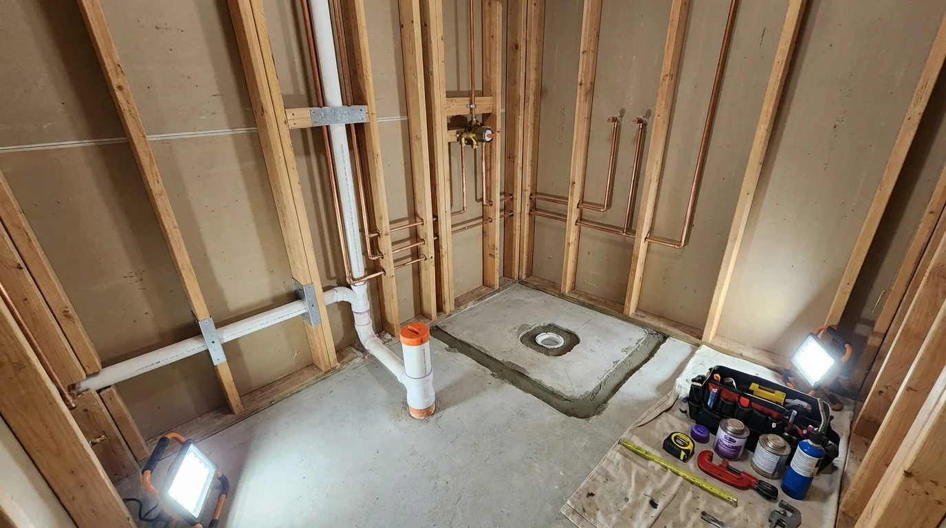 Bathroom rough-in plumbing during remodel by Johns Plumbing LLC in Sound Beach