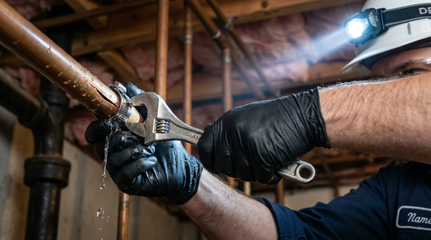 Emergency pipe clamp repair being performed by a Johns Plumbing LLC plumber in Sound Beach