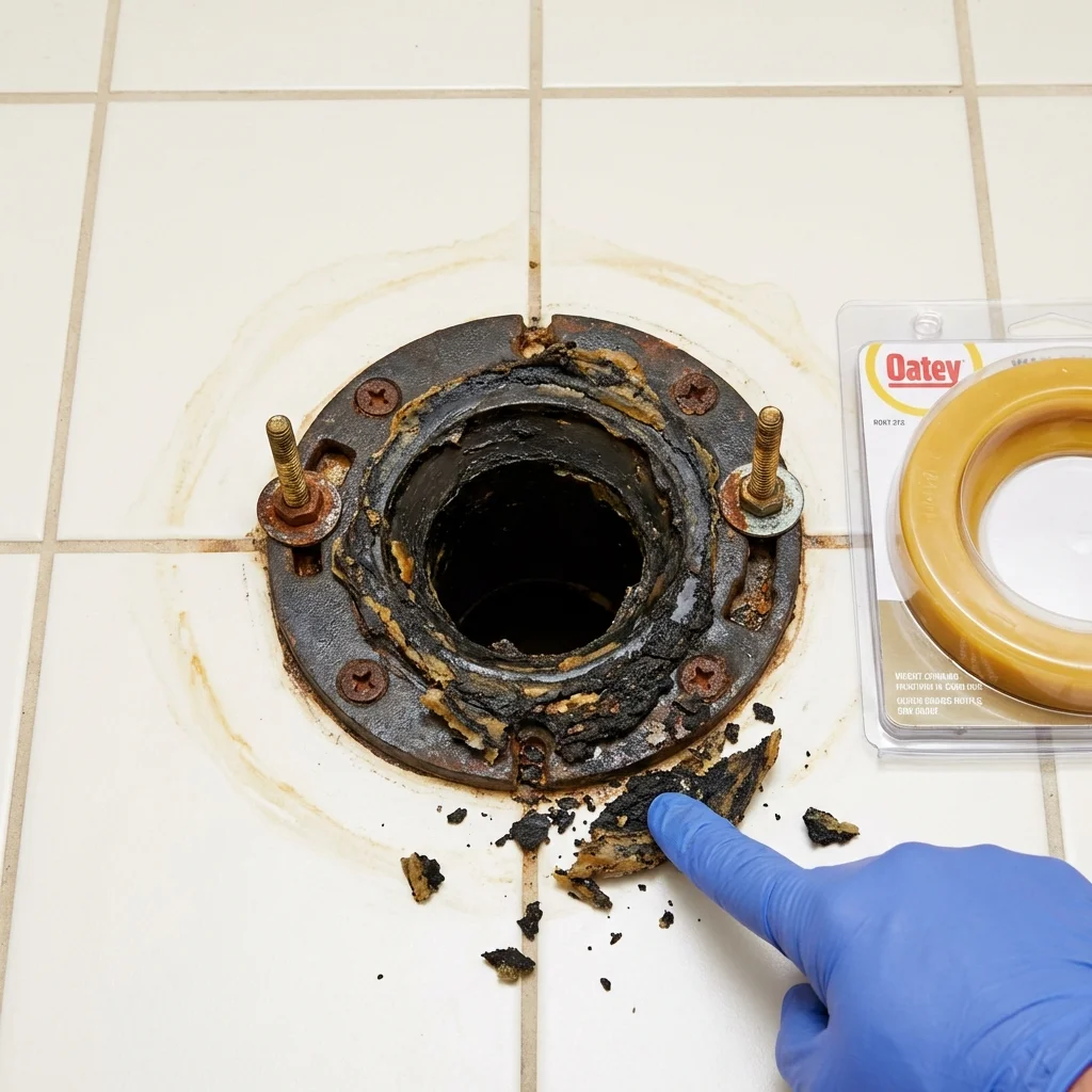 Failed wax ring showing water seepage at the base of a toilet in a Sound Beach, NY home