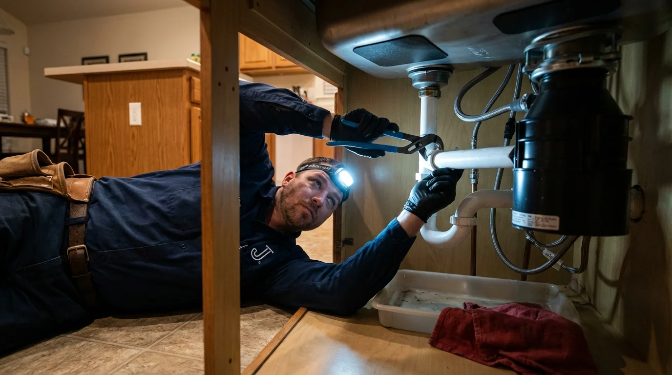 P-trap and supply line connections under a kitchen sink showing a common leak point in Sound Beach, NY